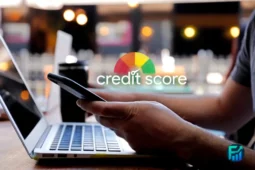 A person checking their credit score on a smartphone while working on a laptop.