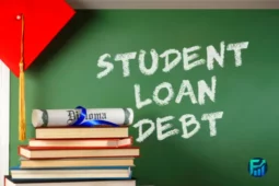 Student loan debt written on chalkboard with graduation cap and diploma