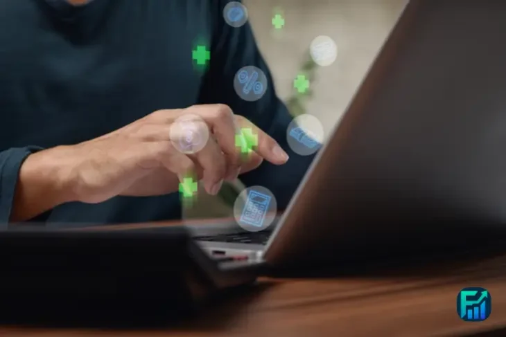 A person using a laptop with floating icons representing digital banking tools and features.