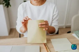 Woman using the envelope method to organize her budget at a desk.