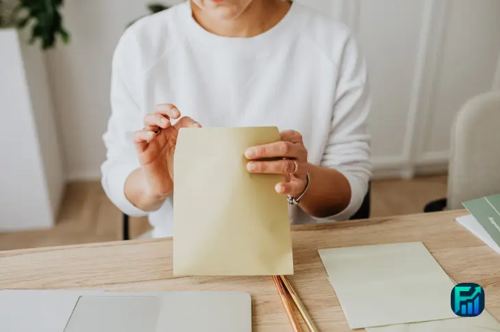 Woman using the envelope method to organize her budget at a desk.