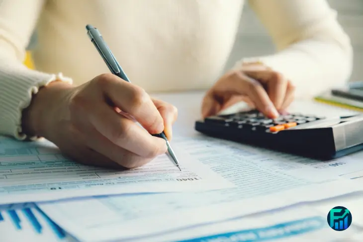 Person completing tax forms with a pen and calculator on a desk, representing the process of filing taxes in Canada.