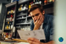 The image shows a man sitting at a counter, holding a document and covering part of his face with his hand, clearly worried about what he is reading. Shelves with bottles appear in the background, suggesting a work or small business environment. The scene reflects financial stress and uncertainty, a situation many tenants face when trying to understand rental increases, notices, or disputes related to rental rights and housing stability.