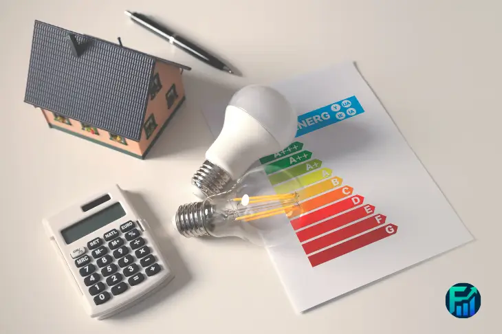House model, calculator, light bulbs, and an energy chart illustrating concerns about energy bills.