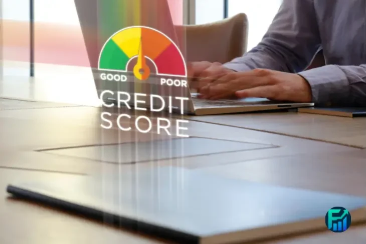 Person using a laptop with a credit score gauge overlay, illustrating the impact of Credit score utilization on personal credit health.