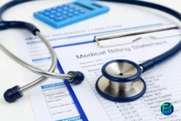 Medical bills with a stethoscope and calculator, representing medical debt.