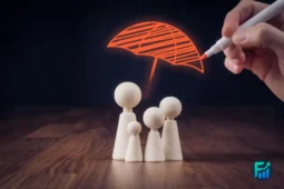 Employment Insurance sickness, a hand draws a red umbrella over wooden family figures on a table, symbolizing protection and income support during illness.