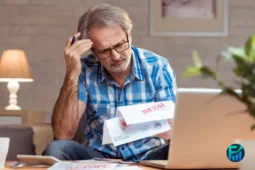 Man reviewing overdue bills at home, considering a consumer proposal to manage debt.