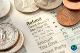 Coins on a tax form showing “Refund,” representing a refund anticipation loan.