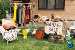 A yard with clothing racks and tables prepared for a spring resell guide garage sale in front of a house.