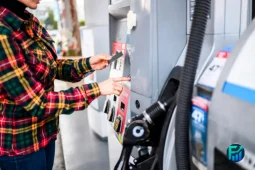 Driver paying at pump using best ways to save money on gas