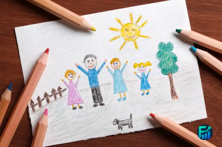 Child drawing of a happy family during summer break