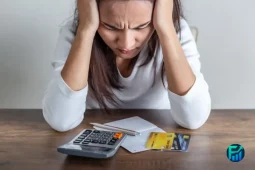 Woman stressed about bills while trying to Consolidate Credit Card Debt at home.
