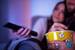 Couple watching TV at home while learning smart money habits and budgeting tips.