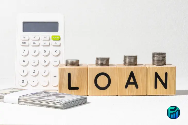 How do personal loans work illustrated with calculator, cash, coins, and loan blocks representing borrowing costs and repayment.