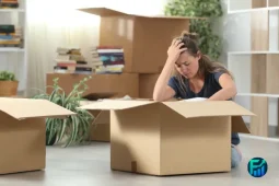 Concerned tenant surrounded by moving boxes, illustrating the financial and emotional impact of a Wrongful Eviction.