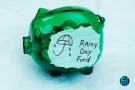 Green piggy bank labeled “rainy day fund.”